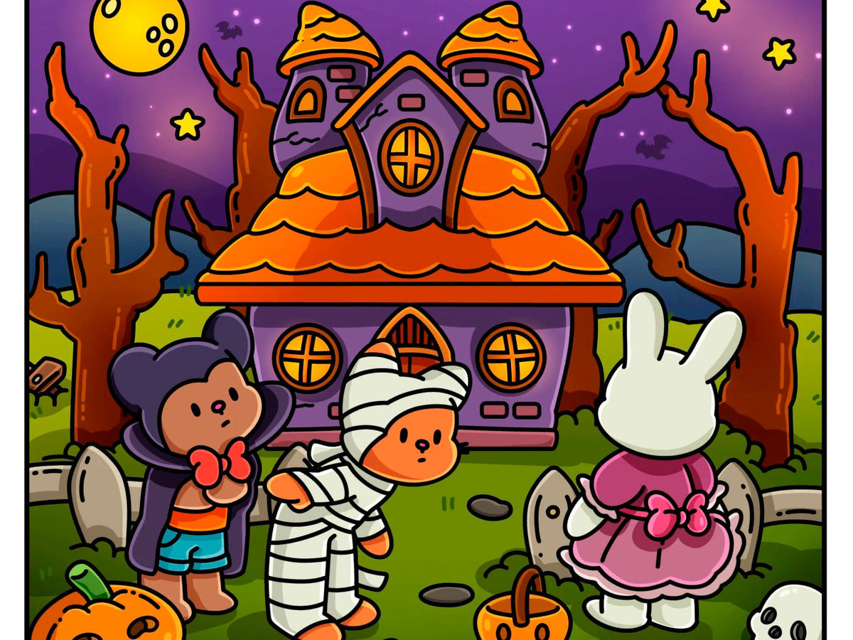 A haunted house under a full moon, with a little bear in a bat cape, a bear dressed as a mummy and a bunny in a pink dress, colored by Saemi Oliveira