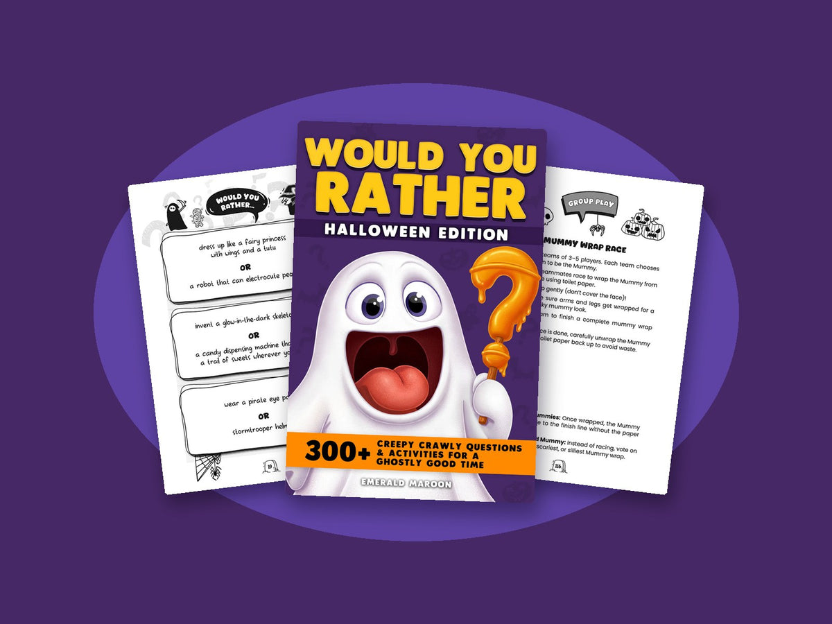 Would You Rather, Halloween Edition with a smiling ghost on the cover, between two inside pages: a page of costume questions and the Mummy Wrap Race game