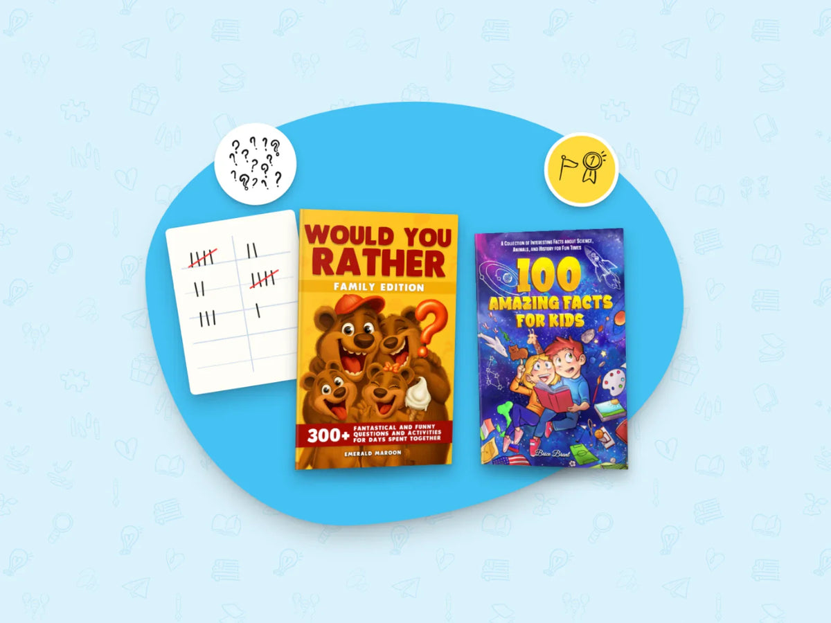 Would You Rather, Family Edition and 100 Amazing Facts for Kids with a score sheet and a medal