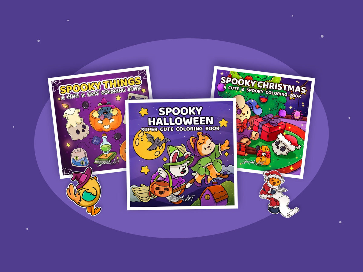 The covers of Spooky Halloween, Spooky Things and Spooky Christmas on a purple background, with a little chick in a witch hat and a pumpkin-headed Santa