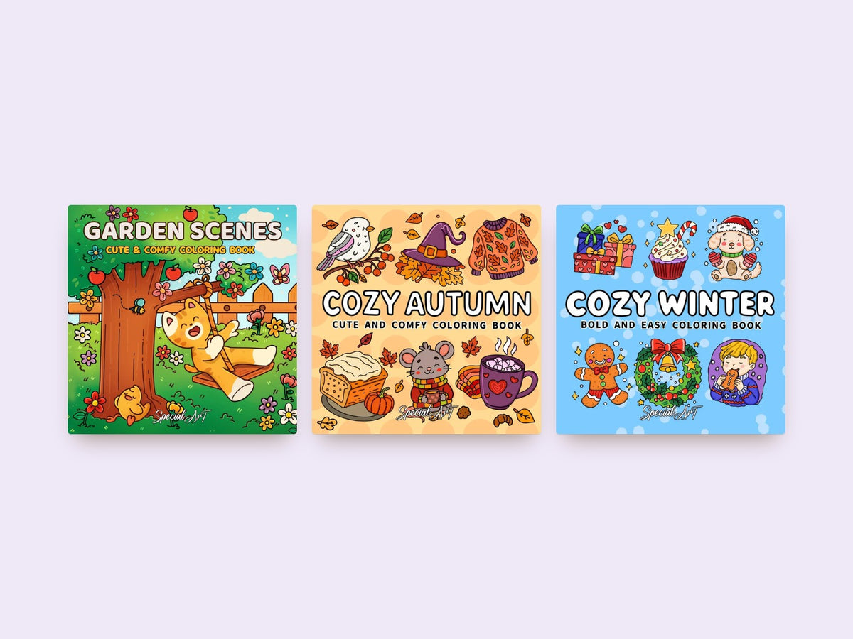 Tre libri da colorare Special Art su uno sfondo lilla chiaro