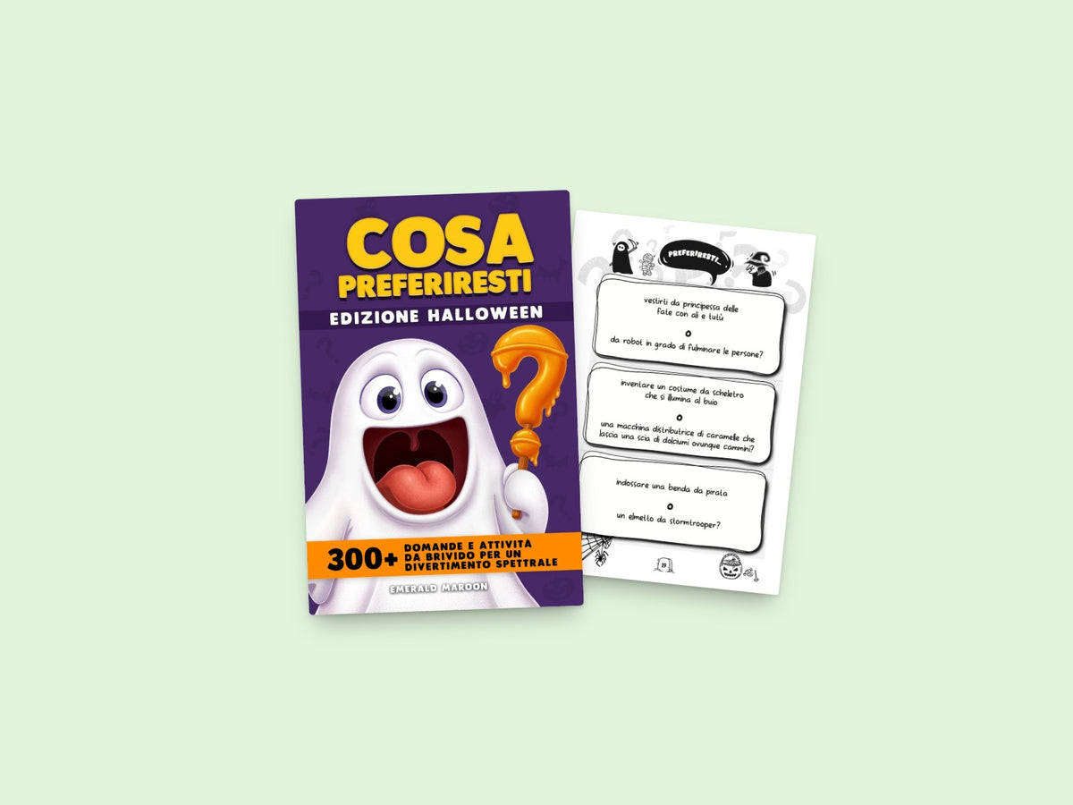 Il libro Cosa Preferiresti Edizione Halloween aperto su una pagina di domande