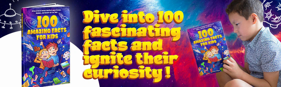 A boy reads 100 Amazing Facts for Kids next to the book: dive into 100 fascinating facts and ignite their curiosity.