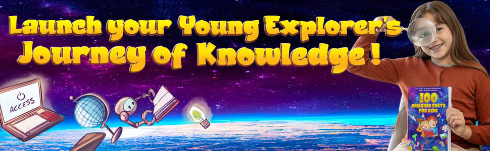 A girl with a magnifying glass holds 100 Amazing Facts for Kids above the Earth: launch your young explorer’s journey of knowledge.
