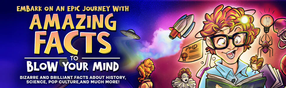 Embark on an epic journey with Amazing Facts to Blow Your Mind: the title and the curious reader in glasses from the cover, among rockets and light bulbs.