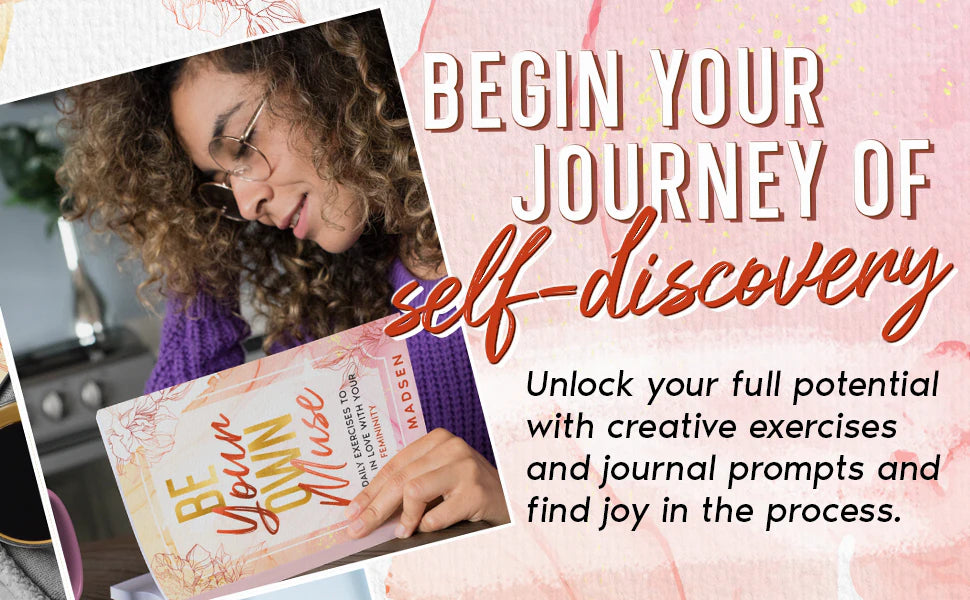 A smiling woman in glasses opens Be Your Own Muse: begin your journey of self-discovery.