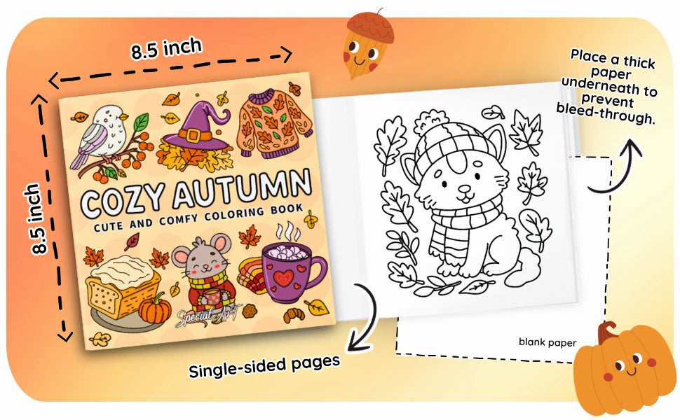 Cozy Autumn is 8.5 by 8.5 inches with single-sided pages and a blank back. A note says: place a thick paper underneath to prevent bleed-through.