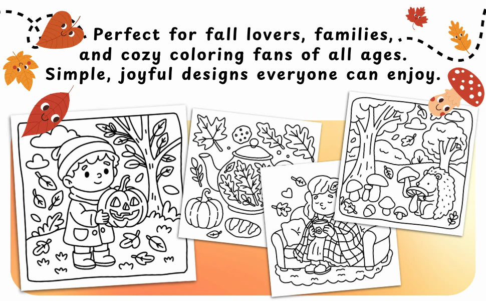 Perfect for fall lovers, families, and cozy coloring fans of all ages: four black and white pages with a boy holding a pumpkin, a teapot, a girl reading under a blanket and a hedgehog among mushrooms.