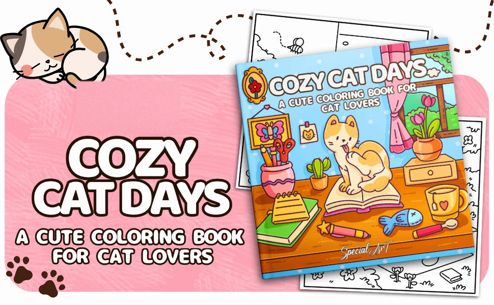 Cozy Cat Days, A Cute Coloring Book for Cat Lovers: the cover, with a cat sitting on an open book among pencils, a mug and a flower pot.