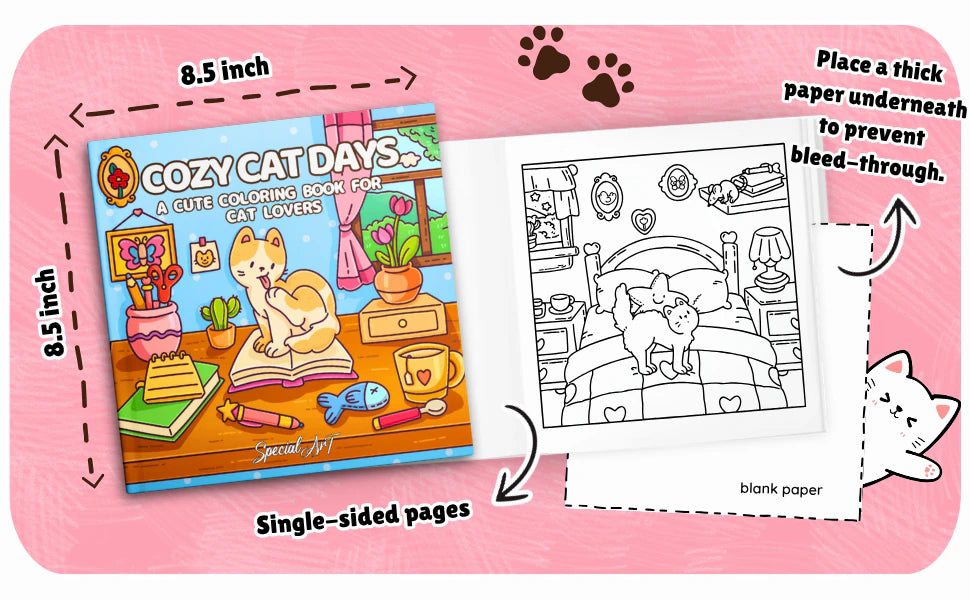 Cozy Cat Days is 8.5 by 8.5 inches with single-sided pages and a blank back. A note says: place a thick paper underneath to prevent bleed-through.