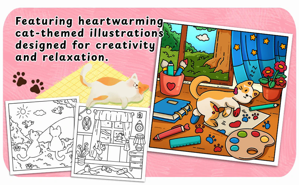 A colored page with a kitten rolling on a painting among brushes and paw prints, beside two black and white pages: heartwarming cat-themed illustrations designed for creativity and relaxation.