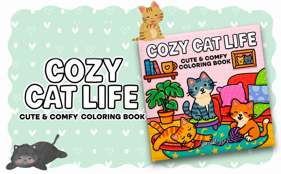 Cozy Cat Life, Cute & Comfy Coloring Book: the cover, with cats napping and playing with yarn in a cozy living room.