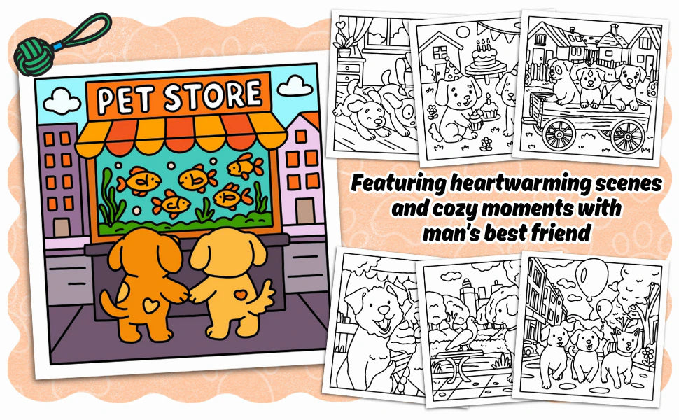 A colored pet store scene with two puppies at the window, beside six black and white pages: heartwarming scenes and cozy moments with man’s best friend.