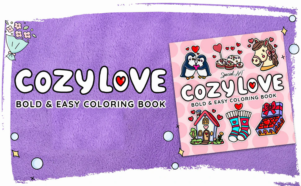 Cozy Love, Bold & Easy Coloring Book: the cover, with penguins, a horse, a little house and heart-shaped treats.