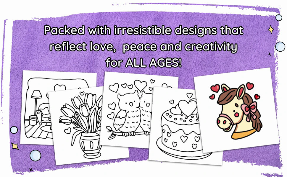 Four black and white pages and a colored horse with a bow: packed with irresistible designs that reflect love, peace and creativity.