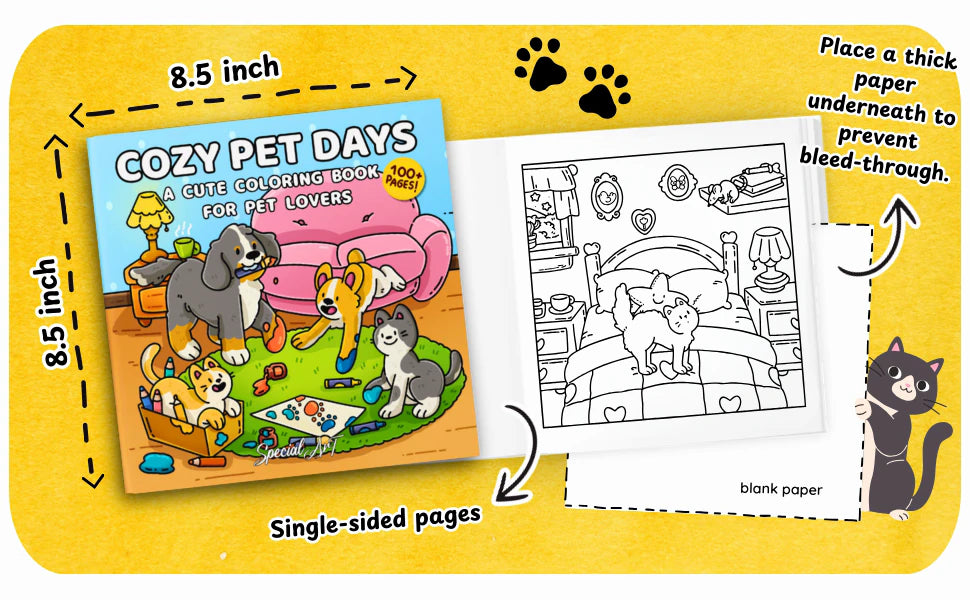 Cozy Pet Days is 8.5 by 8.5 inches with single-sided pages and a blank back. A note says: place a thick paper underneath to prevent bleed-through.