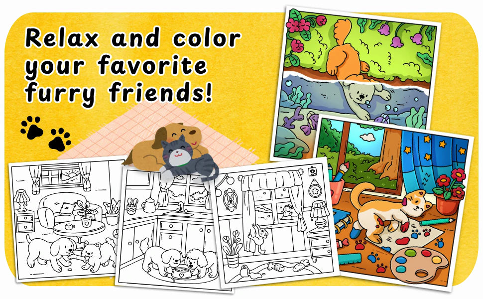 Relax and color your favorite furry friends: two pages colored in, a pup diving with the fish and a kitten on a painting, beside three black and white pages.