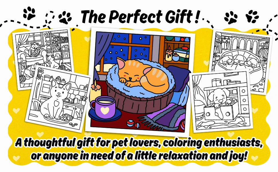 The Perfect Gift: a colored cat asleep on its cushion among four black and white pages, a thoughtful gift for pet lovers and coloring enthusiasts.