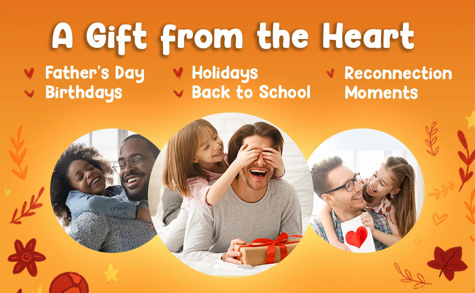 A Gift from the Heart: three photos of dads and daughters hugging, laughing over a gift and holding a heart card.