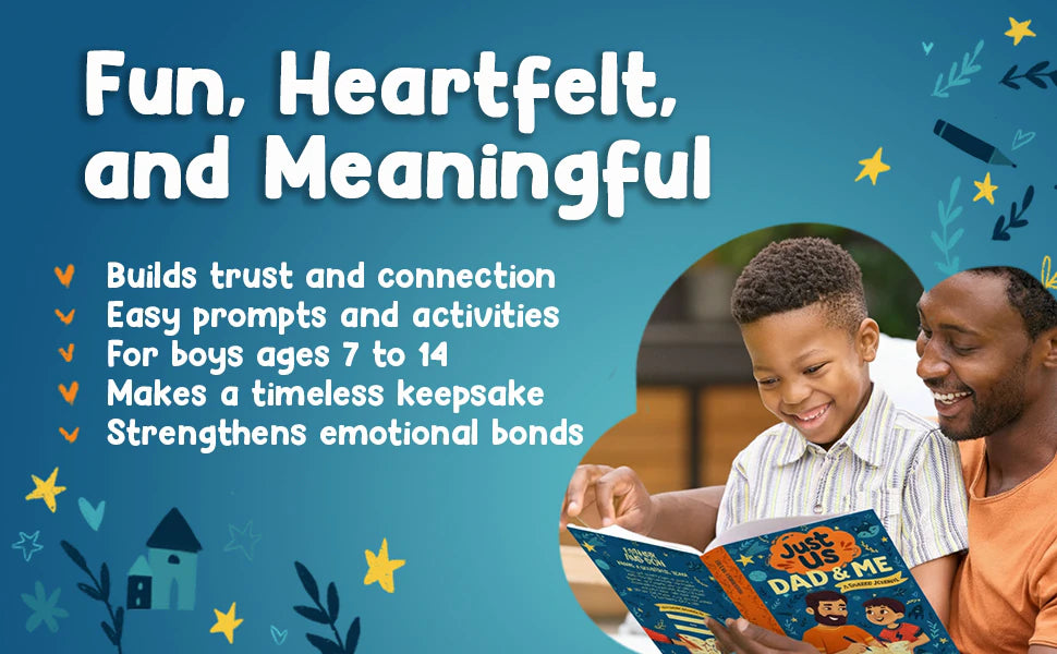 Fun, Heartfelt, and Meaningful: a smiling boy and his dad read Just Us Dad & Me together.