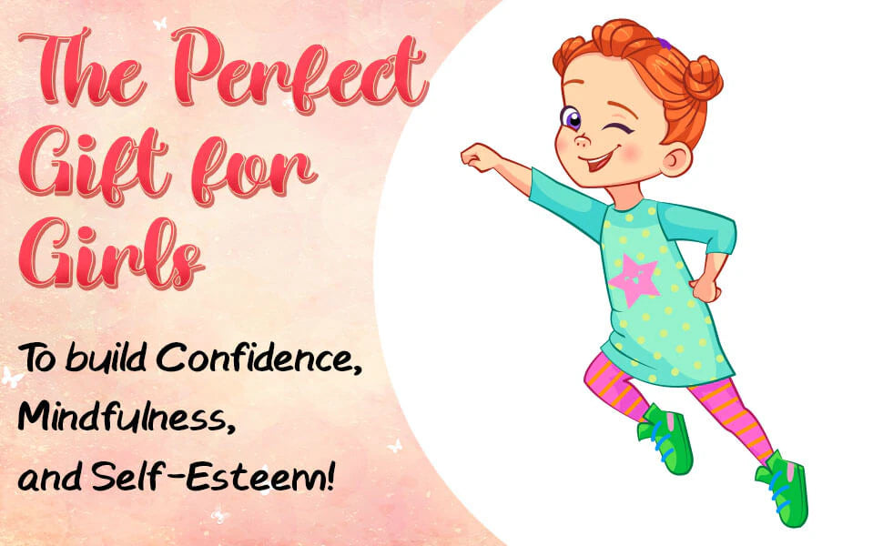 The perfect gift for girls to build confidence and self-esteem: a red-haired girl leaps forward with a wink.