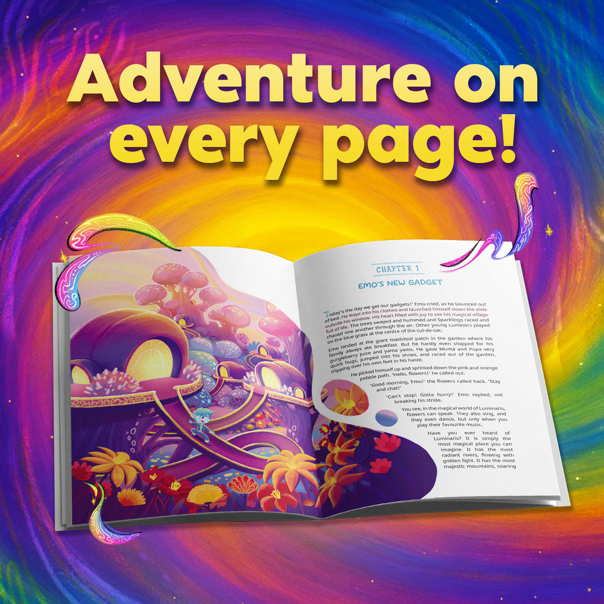 Adventure on every page: the book open at Chapter 1, with a full-color illustration and the first lines of the story.