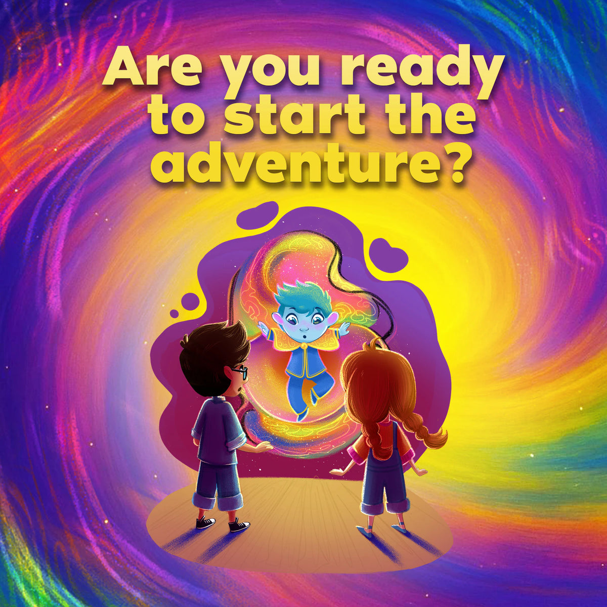 Are you ready to start the adventure? Two kids stand in front of a glowing swirl where Emo appears.