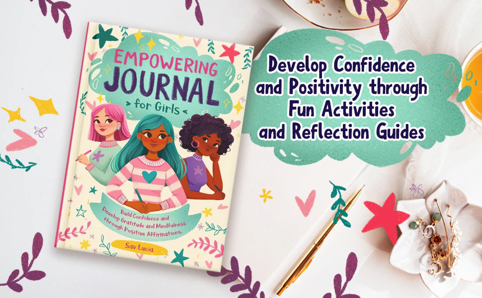 The journal on a desk with a pen: develop confidence and positivity through fun activities and reflection guides.