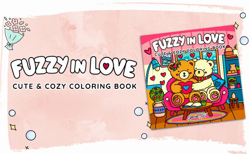 Fuzzy in Love, Cute & Cozy Coloring Book: the cover, with two teddy bears hugging on a pink sofa with a heart.