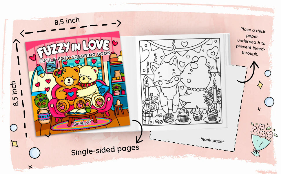 Fuzzy in Love is 8.5 by 8.5 inches with single-sided pages and a blank back. A note says: place a thick paper underneath to prevent bleed-through.