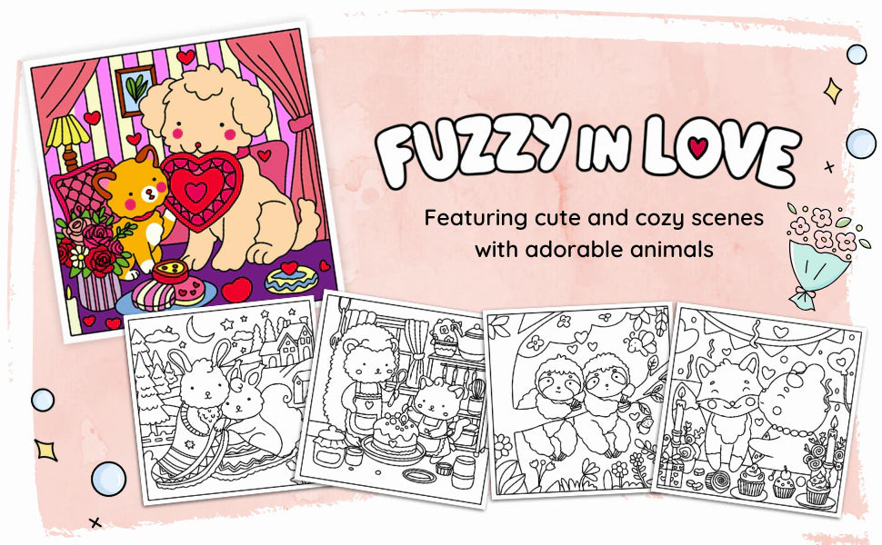 Fuzzy in Love, featuring cute and cozy scenes with adorable animals: a puppy and a kitten with a heart-shaped gift, colored in, beside four black and white pages.