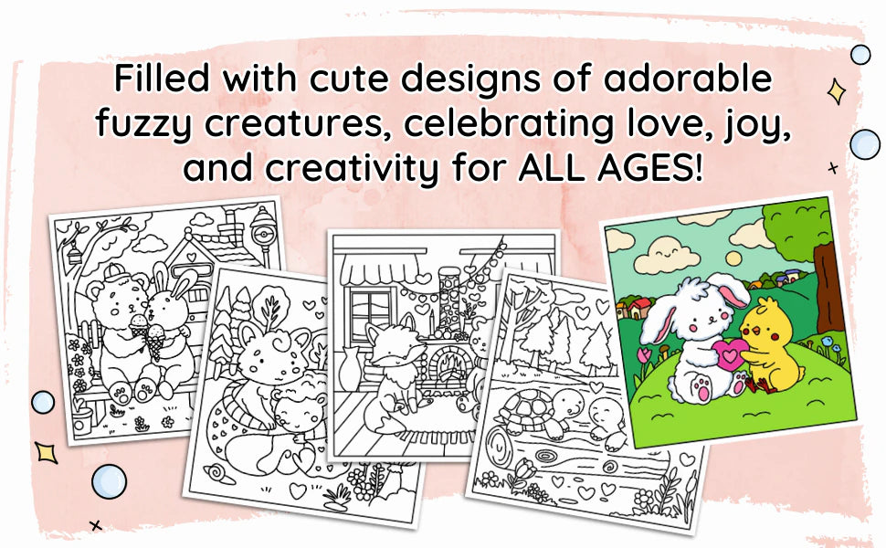 Filled with cute designs of adorable fuzzy creatures, celebrating love, joy, and creativity for all ages: a bunny and a chick with a heart, colored in, beside black and white pages.