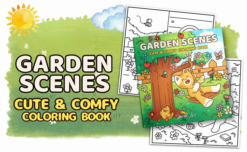 Garden Scenes, Cute & Comfy Coloring Book: the cover, with a kitten on a swing under an apple tree among flowers and butterflies, beside black and white pages.