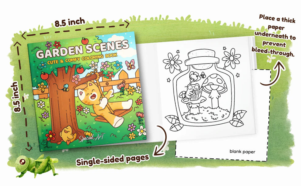 Garden Scenes is 8.5 by 8.5 inches with single-sided pages and a blank back. A note says: place a thick paper underneath to prevent bleed-through.