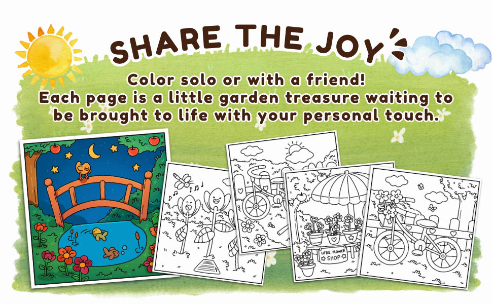 Share the Joy, color solo or with a friend: a bridge over a pond at night, colored in, beside four black and white pages with a bicycle and a flower stall.