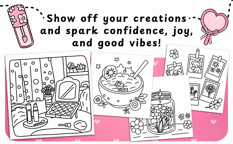 Show off your creations and spark confidence, joy, and good vibes: four black and white pages with a vanity and makeup, a fruit bowl, a candle jar and a wall of photos.
