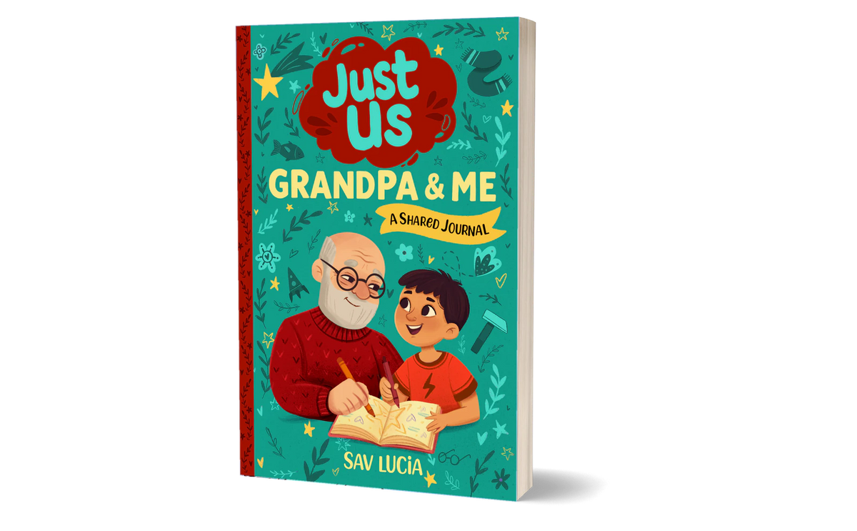 Grandpa & Me, Grandfathers & Grandsons by Sav Lucia: the book standing, with the grandfather and the boy writing together on the cover.