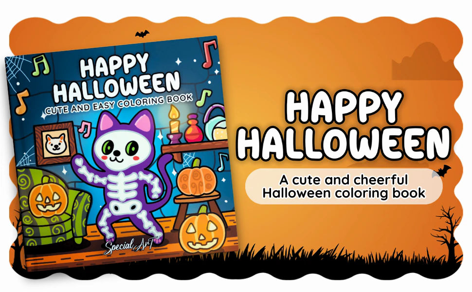 Happy Halloween, Cute and Easy Coloring Book: the cover, with a dancing skeleton cat among pumpkins.