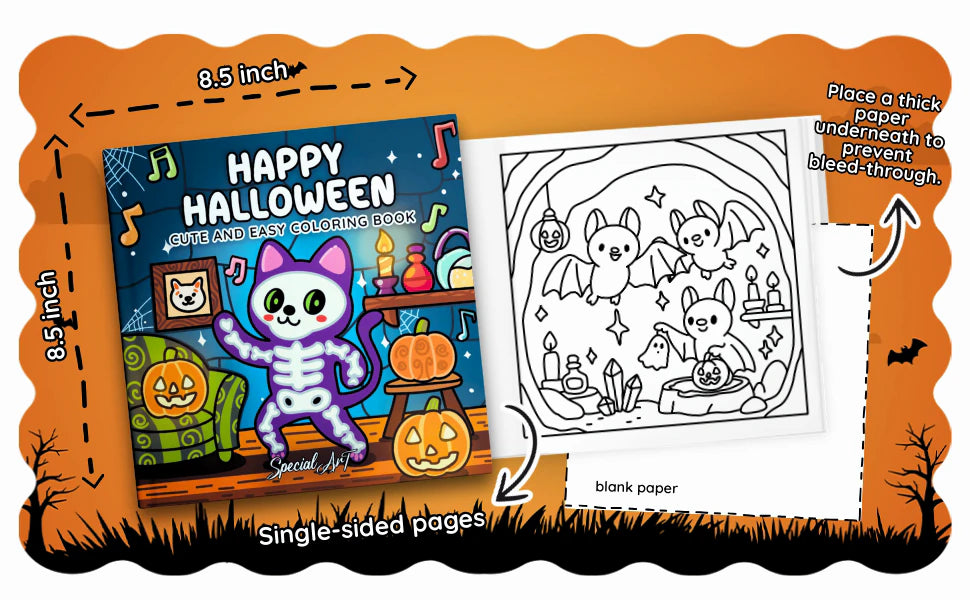 Happy Halloween is 8.5 by 8.5 inches with single-sided pages and a blank back. A note says: place a thick paper underneath to prevent bleed-through.