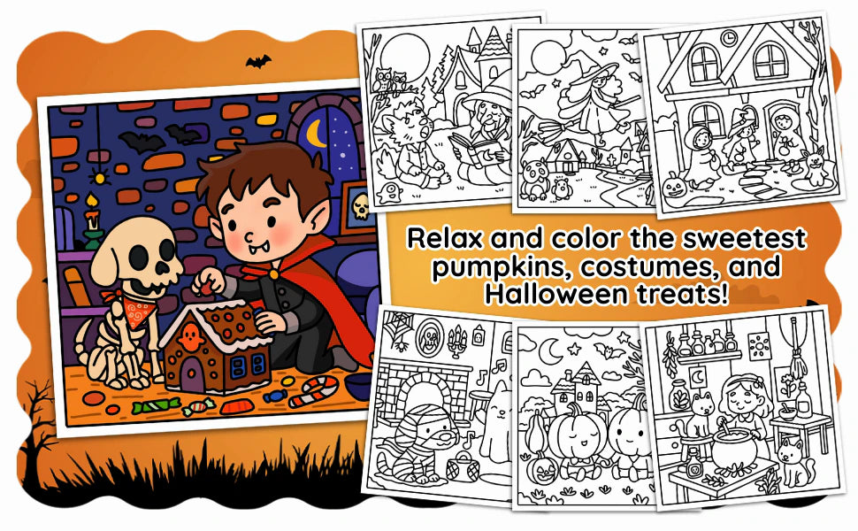 A colored scene with a little vampire and a skeleton dog making a gingerbread house, beside six black and white pages.