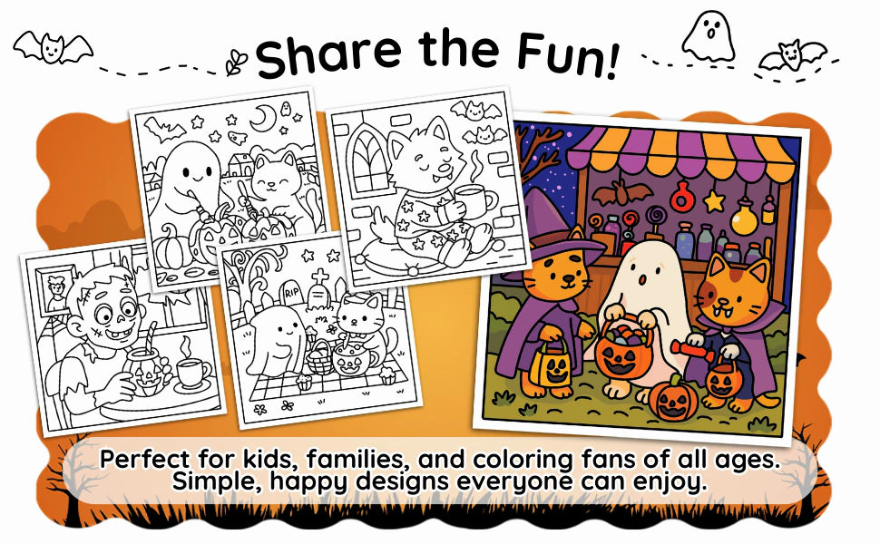 Share the Fun: a colored scene of cats and a ghost trick-or-treating at a stall, with four black and white pages.