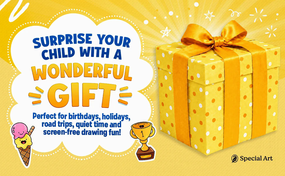 Surprise your child with a wonderful gift: a yellow gift box with a bow. Perfect for birthdays, holidays, road trips and quiet time.