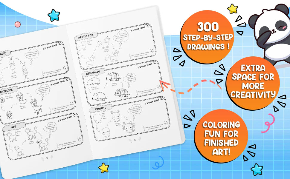 The book open at the arctic fox, armadillo, axolotl and ape, with three notes: 300 step-by-step drawings, extra space for more creativity, coloring fun for finished art.