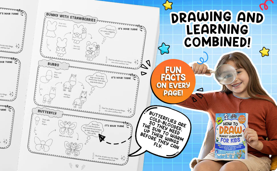 Drawing and learning combined: the book open at the bunny with strawberries, the burro and the butterfly, a fun fact about butterflies and a girl with a magnifying glass holding the book.