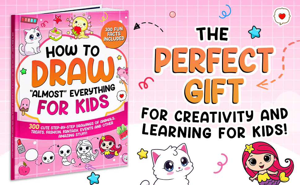 How to Draw Almost Everything for Kids, pink cover, next to the words: The perfect gift for creativity and learning for kids.
