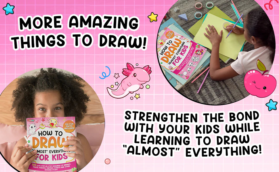 More amazing things to draw: a girl peeks over the pink book and another girl draws on the floor next to it.