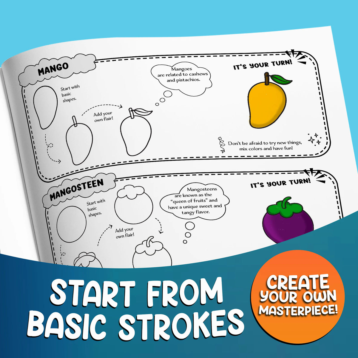 Start from basic strokes: the book open at the mango and mangosteen, drawn step by step. Create your own masterpiece.