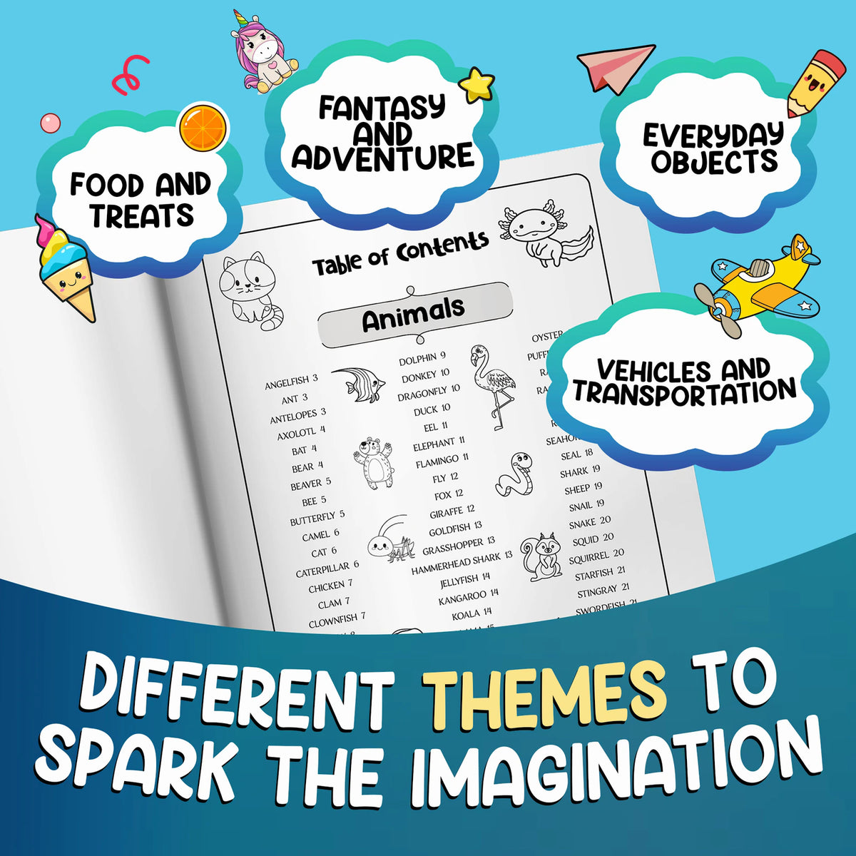 Different themes to spark the imagination: the table of contents with Animals, Food and Treats, Fantasy and Adventure, Everyday Objects, Vehicles and Transportation.