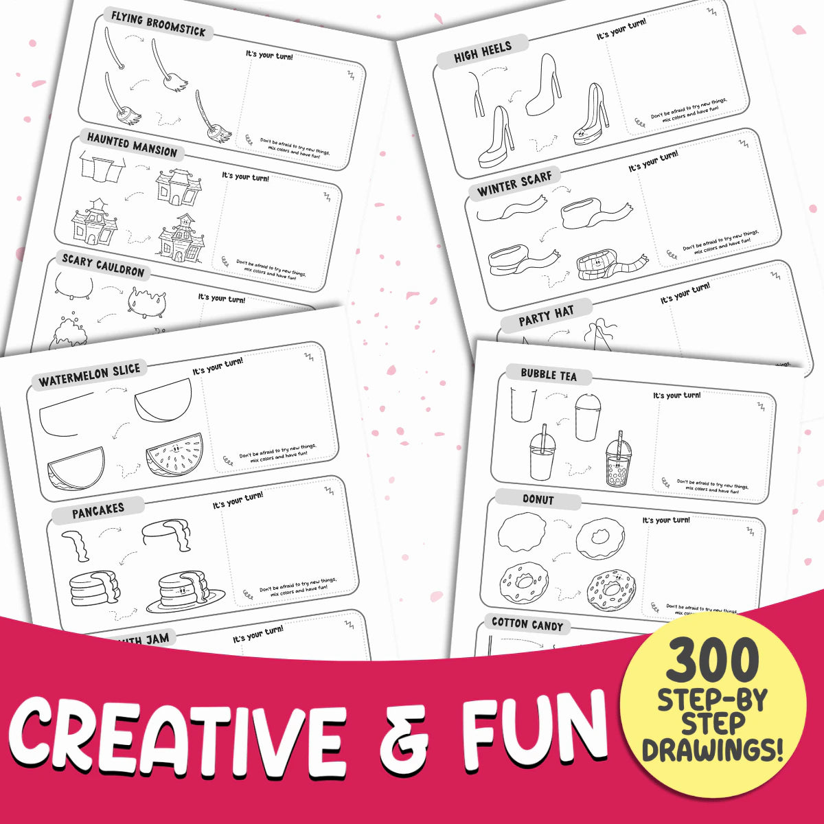 Creative and fun: pages with the flying broomstick, haunted mansion, high heels, winter scarf, watermelon slice, pancakes, bubble tea and donut, step by step.