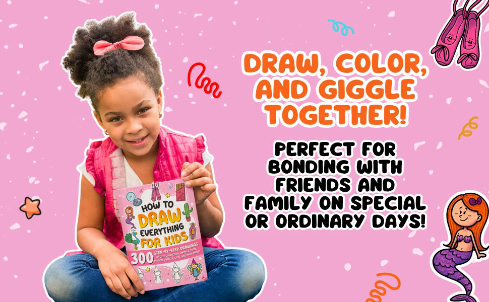 Draw, color, and giggle together: a smiling girl sits cross-legged holding the pink book.